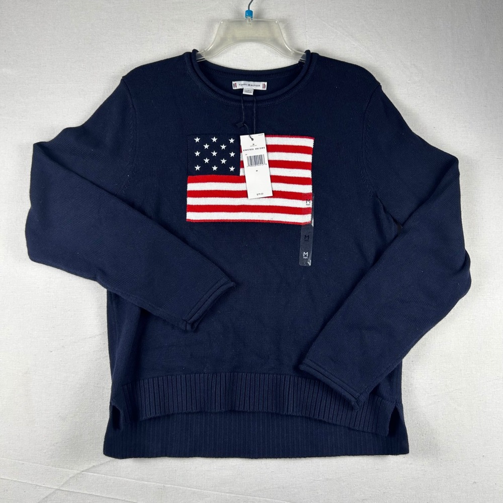 Tommy Hilfiger Women Navy Blue American Flag Cotton Sweater XW07858 Size M NWT